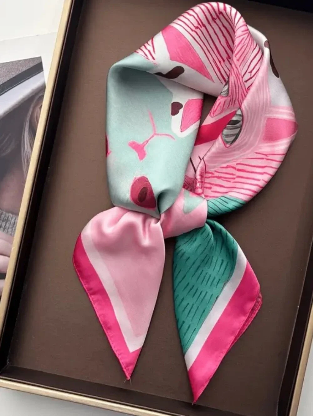 Pink & Mint Cat Silk-Feel Neck Scarf Head Scarf